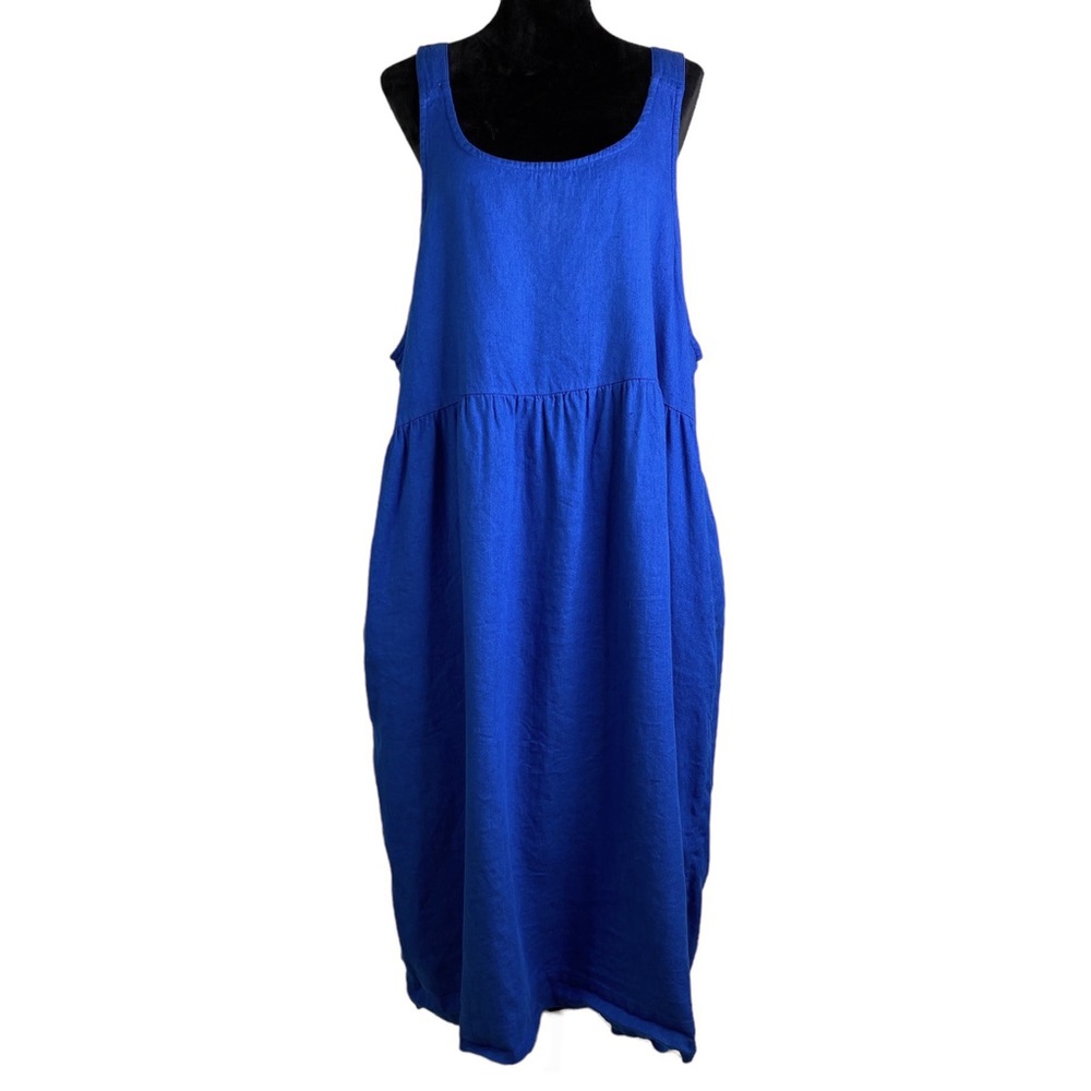 Blue Sleeveless Linen Blend Midi Dress